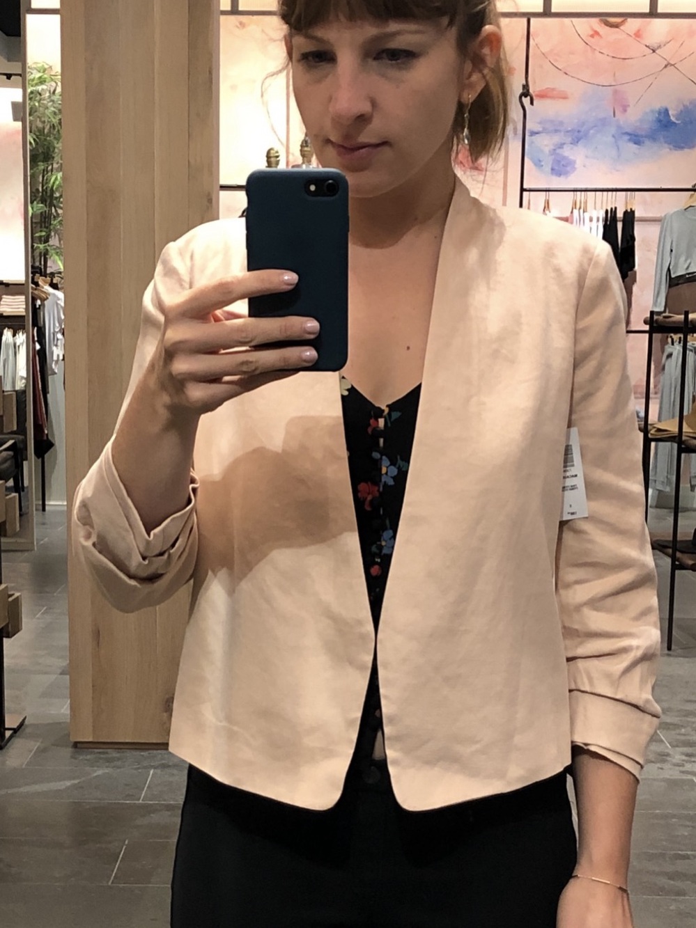 Aritzia Babaton Power Short Linen Blend Ruched Sleeve Jacket Blazer Blush Pink